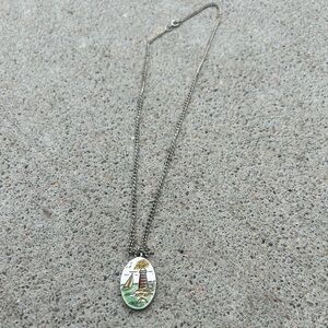 Vintage Pewter Hand Painted Lighthouse Sailboat Sea Pendant Necklace 12”